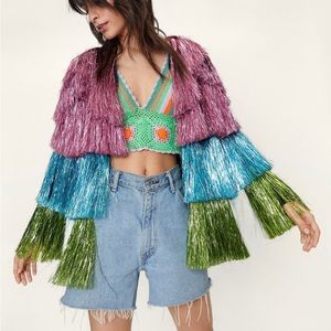 Nasty Gal Metallic Open Front Tiered Tinsel Fringe Jacket